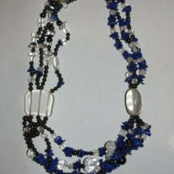 Lapis Lazuli Hematite Carved Clear Quartz Chip Bead Necklace Torsade
